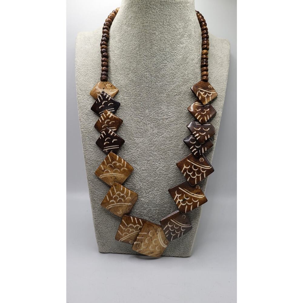 Vintage Wooden Fish Necklace Carved Wood Beaded Boho Coastal